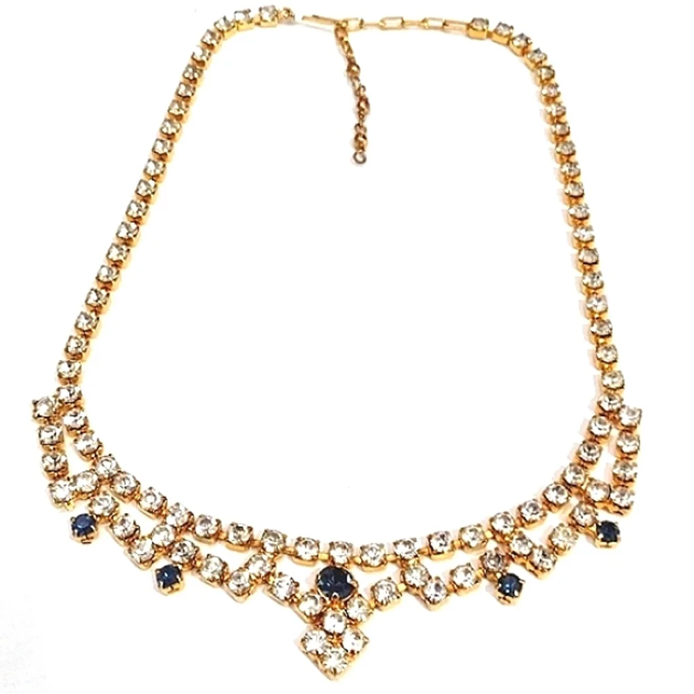 VINTAGE DARK BLUE CLEAR RHINESTONE CHOKER COLLAR BIB 15-18" NECKLACE - Picture 2 of 11